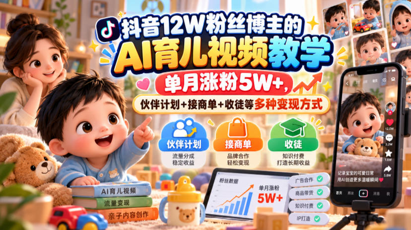 抖音12W粉丝博主的AI育儿视频教学，单月涨粉5W+，伙伴计划+接商单+收徒等多种变现方式-副业网
