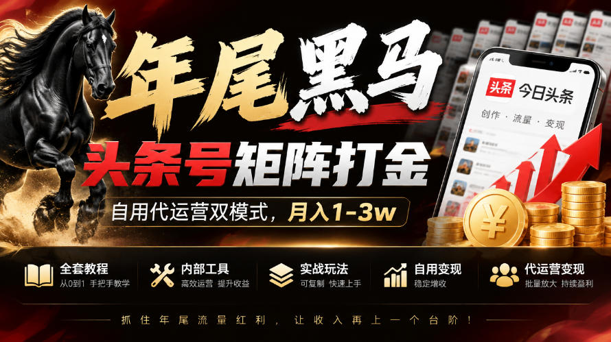 【年尾黑马】头条号矩阵打金，自用代运营双模式，月入1-3w，附全套教程及内部工具【揭秘】-副业网