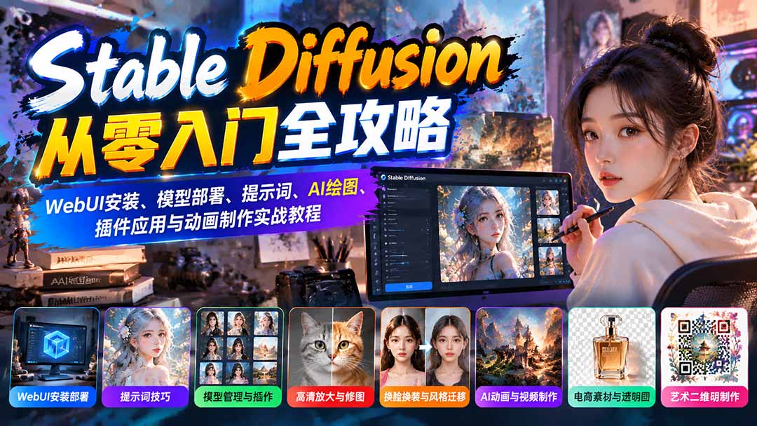 Stable Diffusion从零入门全攻略：WebUI安装、模型部署、提示词、AI绘图、插件应用与动画制作实战教程-副业网