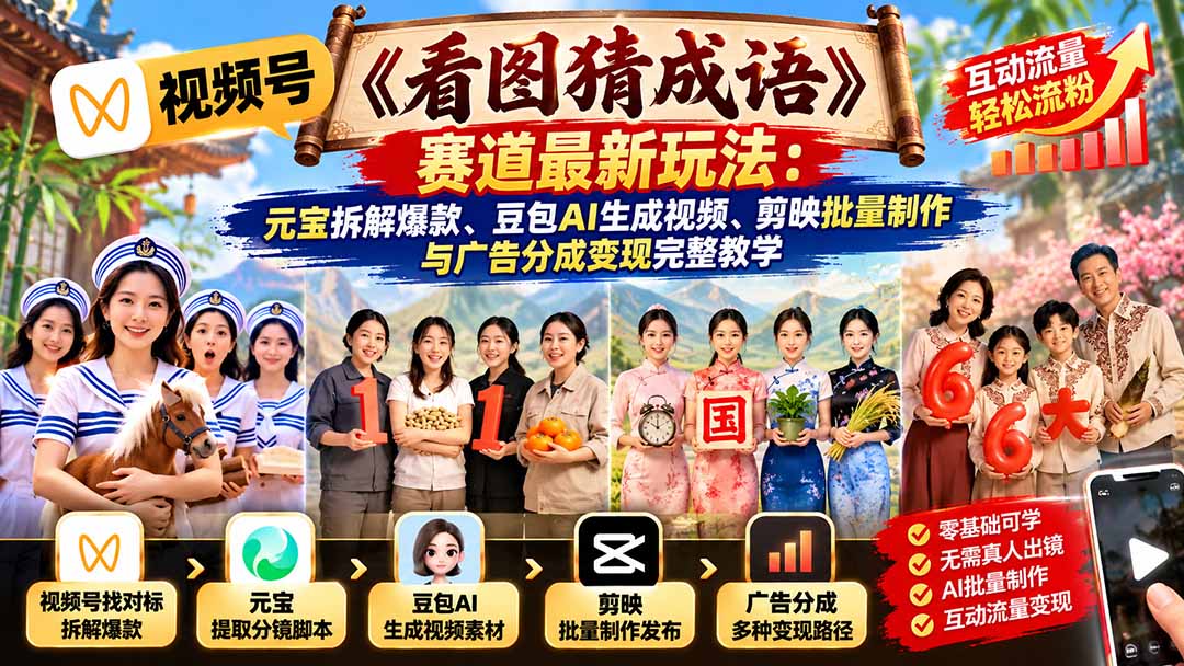 视频号《看图猜成语》赛道最新玩法：元宝拆解爆款、豆包AI生成视频、剪映批量制作与广告分成变现完整教学-副业网