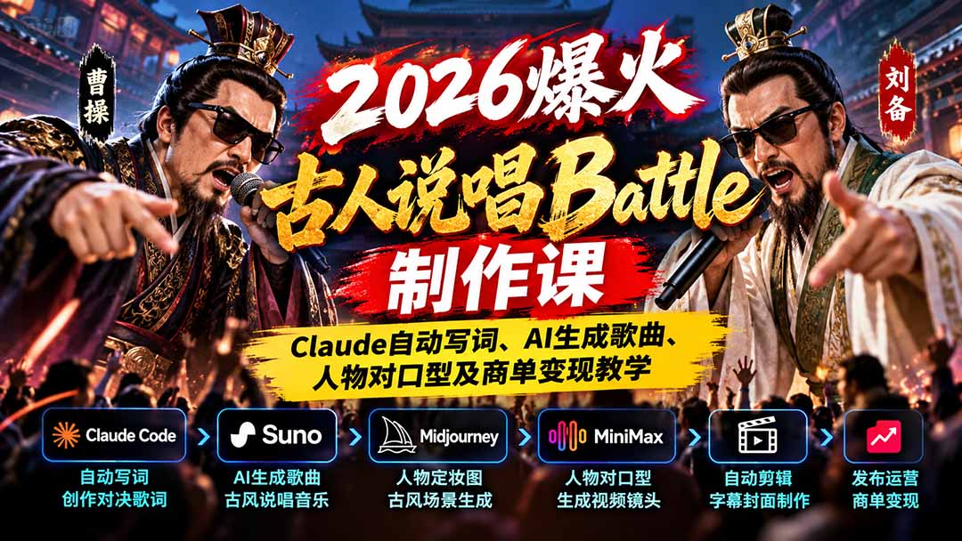 2026爆火古人说唱Battle制作课：Claude自动写词、AI生成歌曲、人物对口型及商单变现教学-副业网