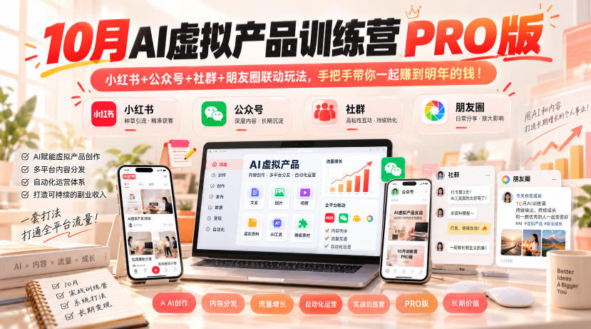 10月AI虚拟产品训练营PRO版，小红书+公众号+社群+朋友圈联动玩法，手把手带你一起赚到明年的钱！-副业网