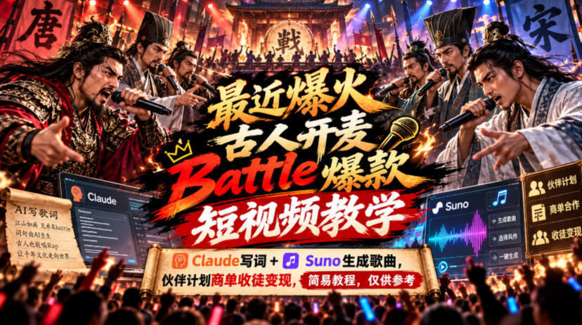 最近爆火古人开麦Battle爆款短视频教学，Claude写词+Suno生成歌曲，伙伴计划商单收徒变现，简易教程，仅供参考-副业网