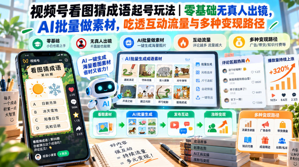 视频号看图猜成语起号玩法|零基础无真人出镜,AI批量做素材,吃透互动流量与多种变现路径-副业网