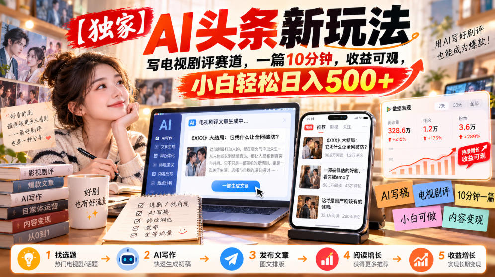 【独家】AI头条新玩法，写电视剧评赛道，一篇10分钟，收益可观，小白轻松日入500+-副业网