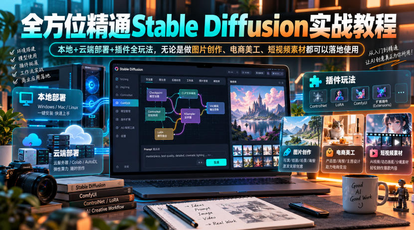 全方位精通Stable Diffusion实战教程｜本地+云端部署+插件全玩法，无论是做图片创作、电商美工、短视频素材都可以落地使用-副业网