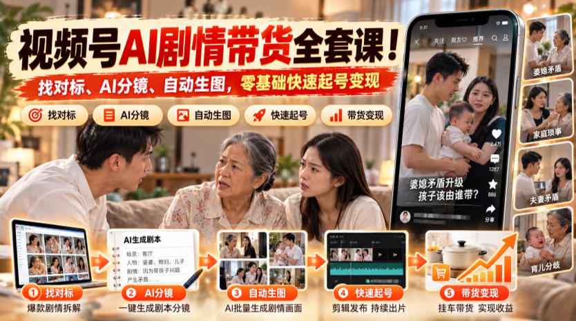 视频号AI剧情带货全套课!找对标、AI分镜、自动生图,零基础快速起号变现-副业网