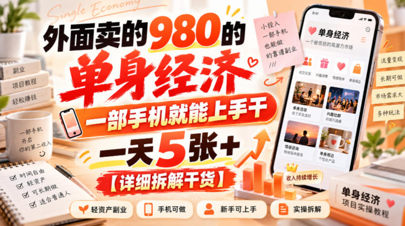 外面卖的980的单身经济，一部手机就能上手干，一天5张+【详细拆解干货】-副业网