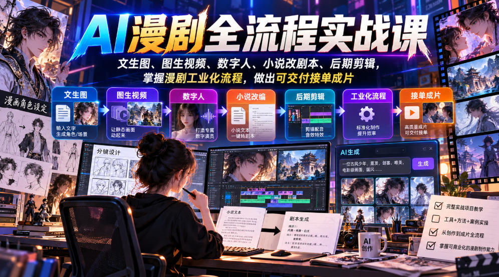 AI漫剧全流程实战课,文生图、图生视频、数字人、小说改剧本、后期剪辑,掌握漫剧工业化流程,做出可交付接单成片-副业网