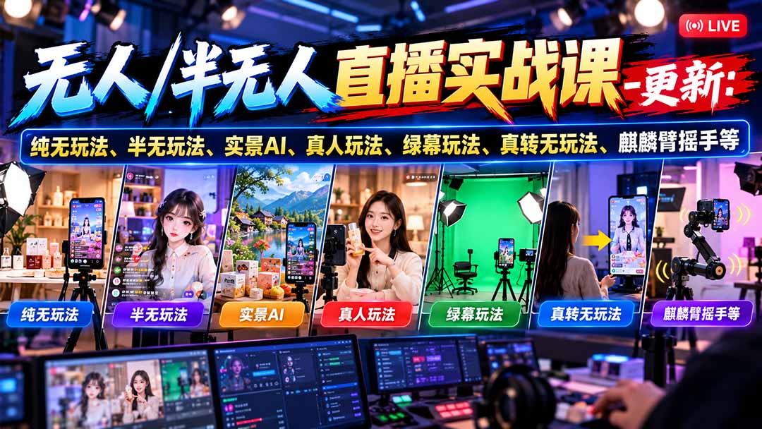 无人/半无人直播实战课-10月20更新:纯无玩法、半无玩法、实景AI、真人玩法、绿幕玩法、真转无玩法、麒麟臂摇手等-副业网