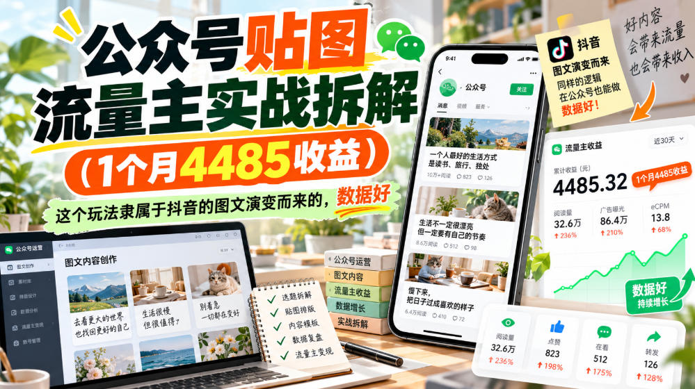 公众号贴图流量主实战拆解(1个月4485收益)，这个玩法隶属于抖音的图文演变而来的，数据好-副业网