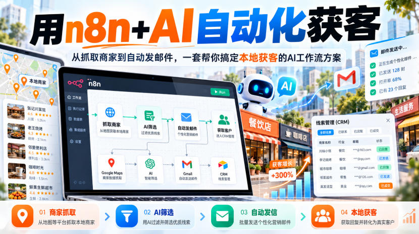 【无水印】用n8n+AI自动化获客,从抓取商家到自动发邮件,一套帮你搞定本地获客的AI工作流方案【原创双语字幕】-副业网
