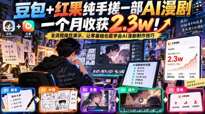 豆包+红果纯手搓一部AI漫剧一个月收获2.3w!全流程操作演示,让零基础也能学会AI漫剧制作技巧-副业网