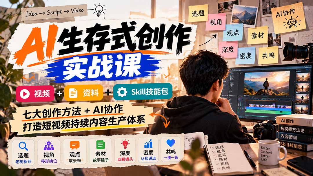 图片[2]-AI生存式创作实战课：视频+资料+Skill技能包，七大创作方法+AI协作，打造短视频持续内容生产体系-副业网
