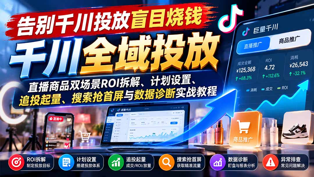 告别千川投放盲目烧钱：直播商品双场景ROI拆解、计划设置、追投起量、搜索抢首屏与数据诊断实战教程-副业网