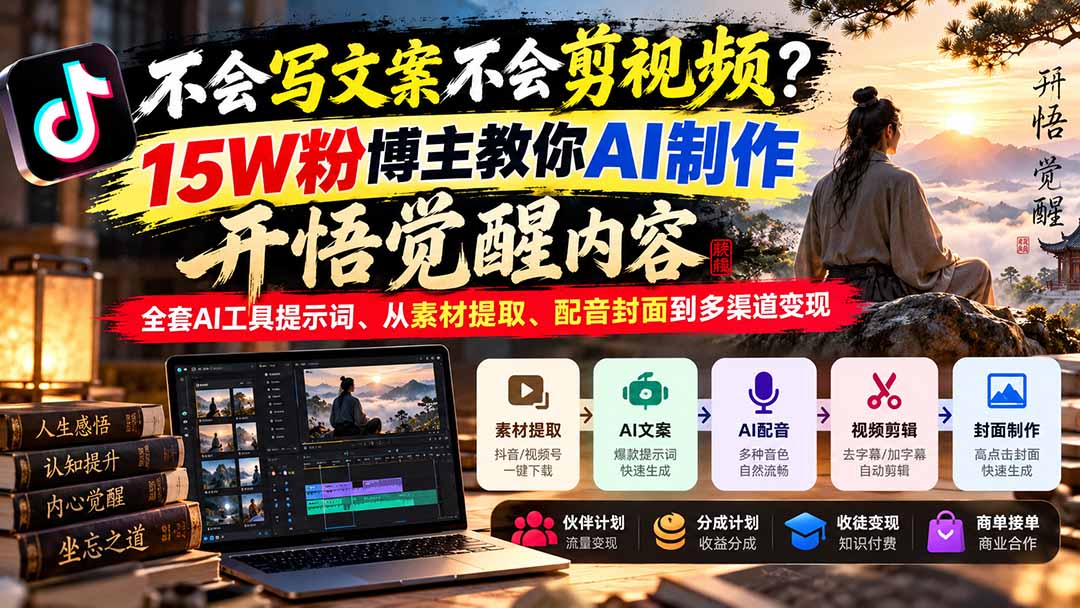 不会写文案不会剪视频？15W粉博主教你AI制作开悟觉醒内容，全套AI工具提示词、从素材提取、配音封面到多渠道变现-副业网