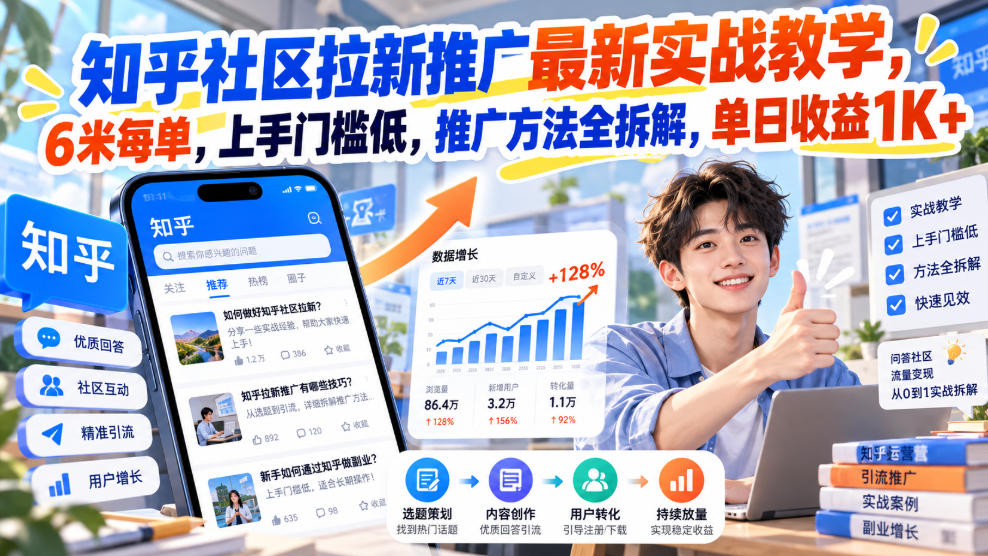 知乎社区拉新推广最新实战教学，6米每单，上手门槛低，推广方法全拆解，单日收益1K+！(更新1021)-副业网