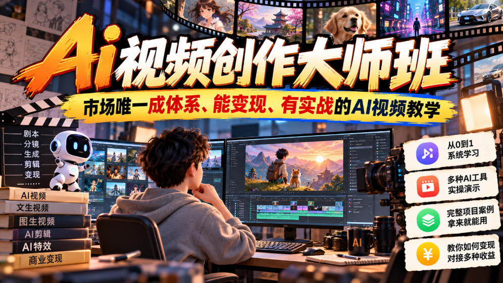 Ai视频创作大师班，市场唯一成体系、能变现、有实战的AI视频教学(更新2026)-副业网