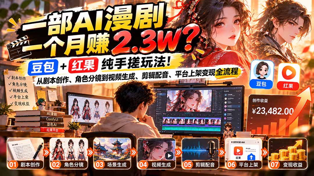 一部AI漫剧一个月赚2.3W？豆包+红果纯手搓玩法！从剧本创作、角色分镜到视频生成、剪辑配音、平台上架变现全流程-副业网