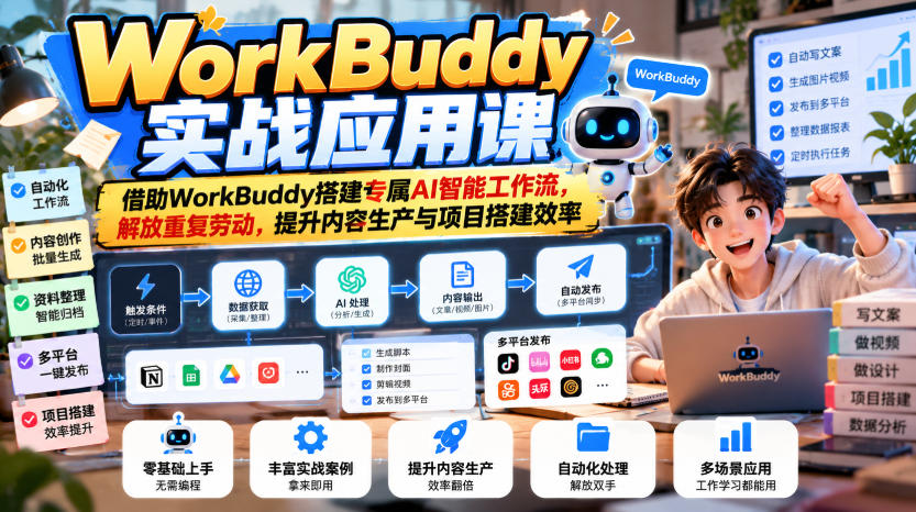 WorkBuddy实战应用课,借助WorkBuddy搭建专属AI智能工作流,解放重复劳动,提升内容生产与项目搭建效率-副业网