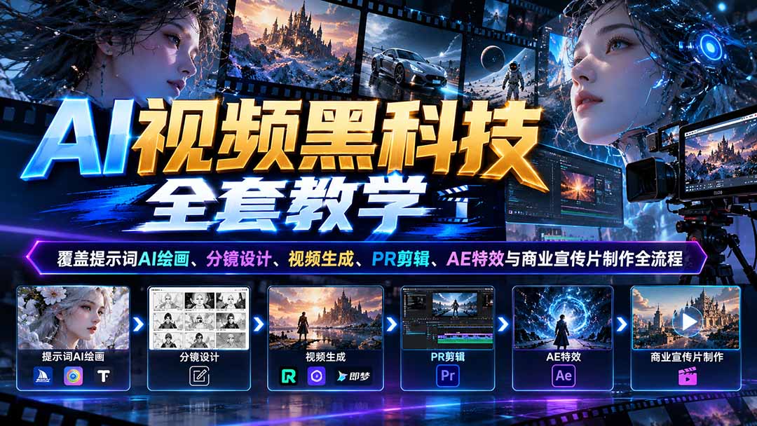 AI视频黑科技全套教学：覆盖提示词AI绘画、分镜设计、视频生成、PR剪辑、AE特效与商业宣传片制作全流程-副业网