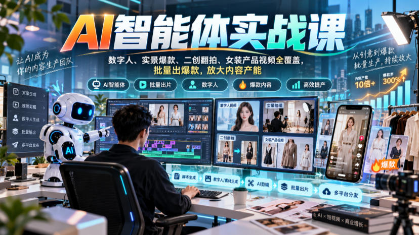 AI智能体实战课,数字人、实景爆款、二创翻拍、女装产品视频全覆盖,批量出爆款,放大内容产能-副业网
