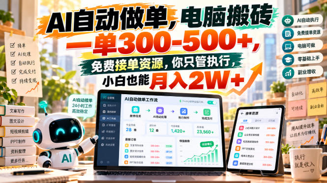 AI自动做单,电脑搬砖一单300-500+,免费接单资源,你只管执行,小白也能月入2W+【揭秘】-副业网