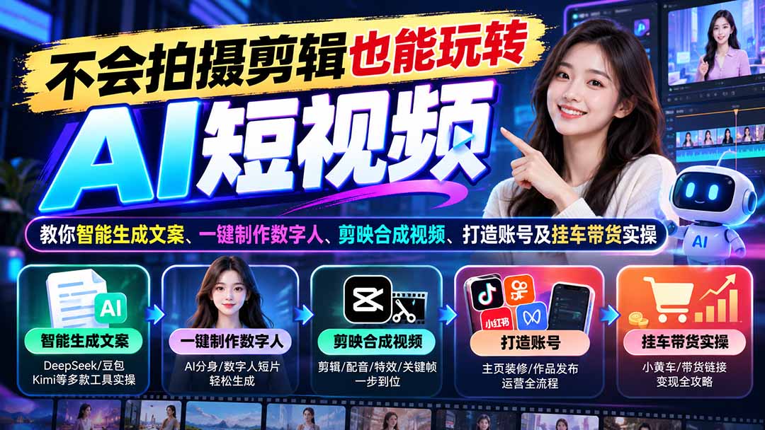 图片[2]-不会拍摄剪辑也能玩转AI短视频：教你智能生成文案、一键制作数字人、剪映合成视频、打造账号及挂车带货实操-副业网