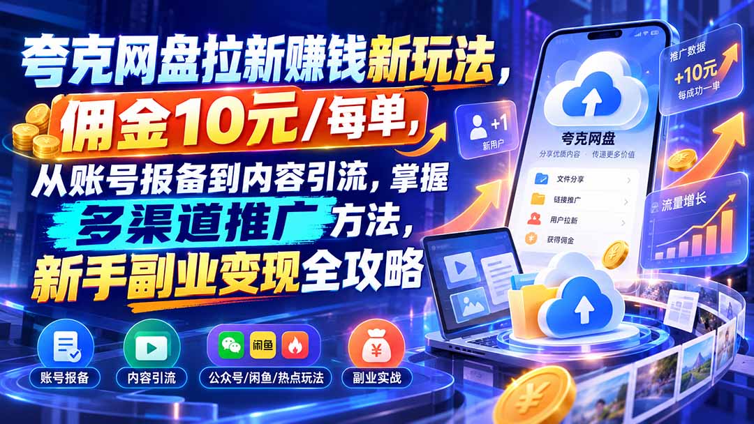 夸克网盘拉新赚钱新玩法，佣金10元/每单，从账号报备到内容引流，掌握多渠道推广方法，新手副业变现全攻略-副业网