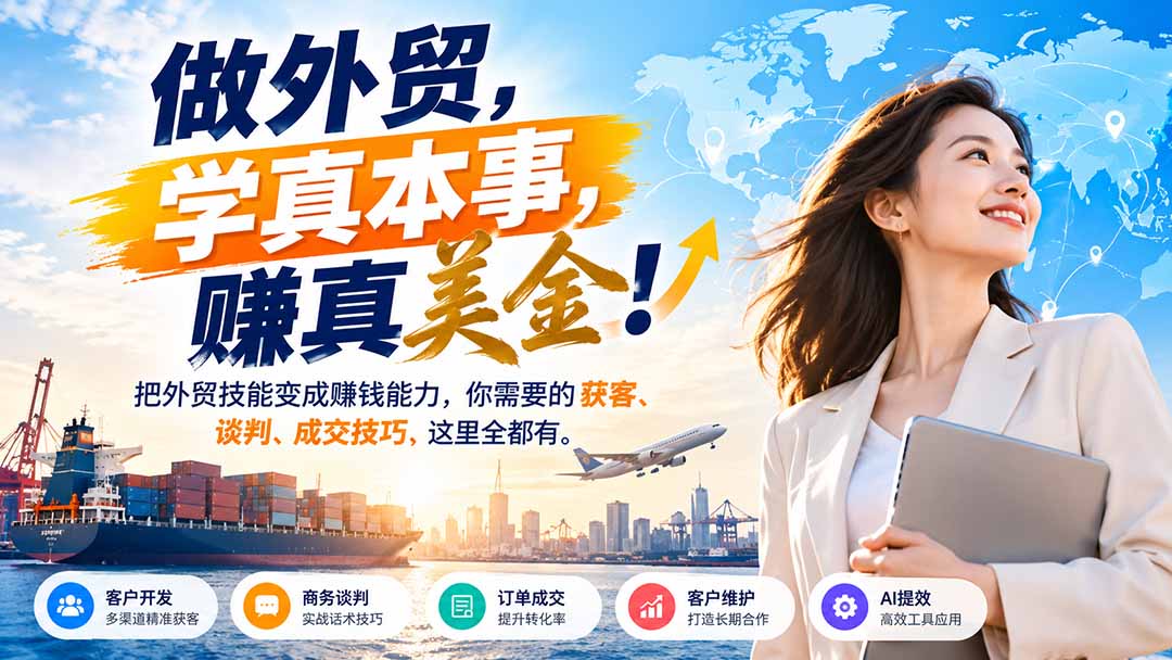 做外贸,学真本事,赚真美金!把外贸技能变成赚钱能力,你需要的获客、谈判、成交技巧,这里全都有-副业网