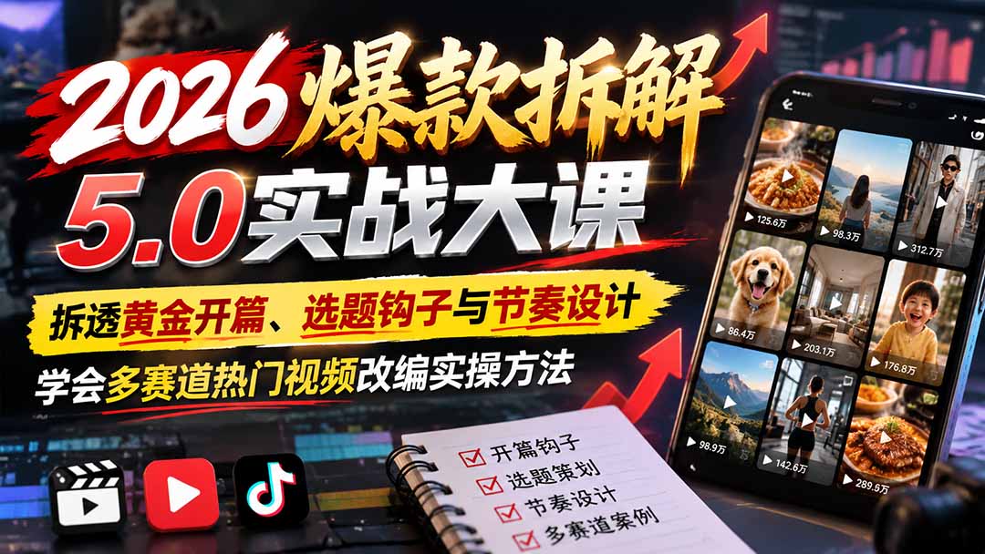 2026爆款拆解5.0实战大课:拆透黄金开篇、选题钩子与节奏设计,学会多赛道热门视频改编实操方法-副业网
