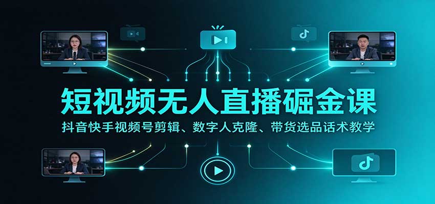 短视频无人直播掘金课:抖音快手视频号剪辑、数字人克隆、带货选品话术教学-副业网