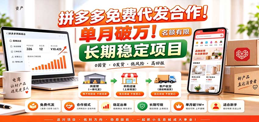 拼多多免费代发合作｜单月破万！长期稳定项目，名额有限-副业网
