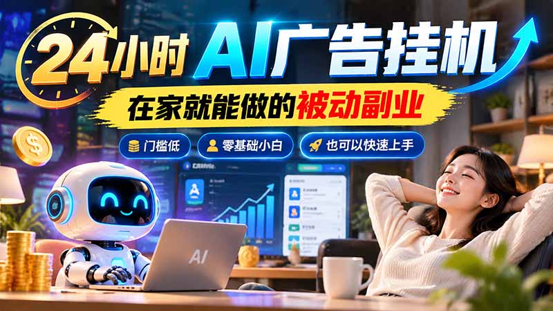 24小时AI广告挂机｜在家就能做的被动副业，门槛低，零基础小白也可以快速上手-副业网