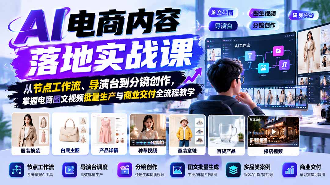 AI电商内容落地实战课:从节点工作流、导演台到分镜创作,掌握电商图文视频批量生产与商业交付全流程教学-副业网