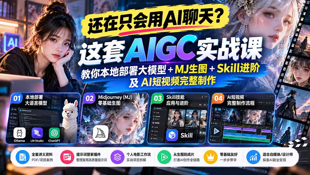 【无水印】还在只会用AI聊天?这套AIGC实战课教你本地部署大模型+MJ生图+Skill进阶及AI短视频完整制作-副业网
