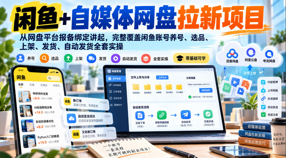 闲鱼+自媒体网盘拉新项目，从网盘平台报备绑定讲起，完整覆盖闲鱼账号养号、选品、上架、发货、自动发货全套实操-副业网