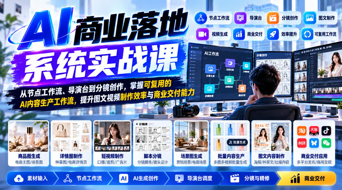 【无水印】AI商业落地系统实战课，从节点工作流、导演台到分镜创作，掌握可复用的AI内容生产工作流，提升图文视频制作效率与商业交付能力-副业网