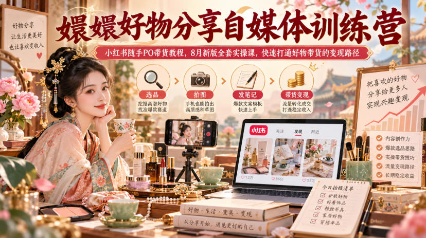 嬛嬛好物分享自媒体训练营｜小红书随手PO带货教程，8月新版全套实操课，快速打通好物带货的变现路径-副业网