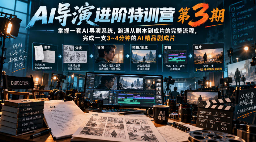 AI导演进阶特训营第3期，掌握一套AI导演系统，跑通从剧本到成片的完整流程，完成一支3~4分钟的AI精品剧成片(附1、2期)-副业网
