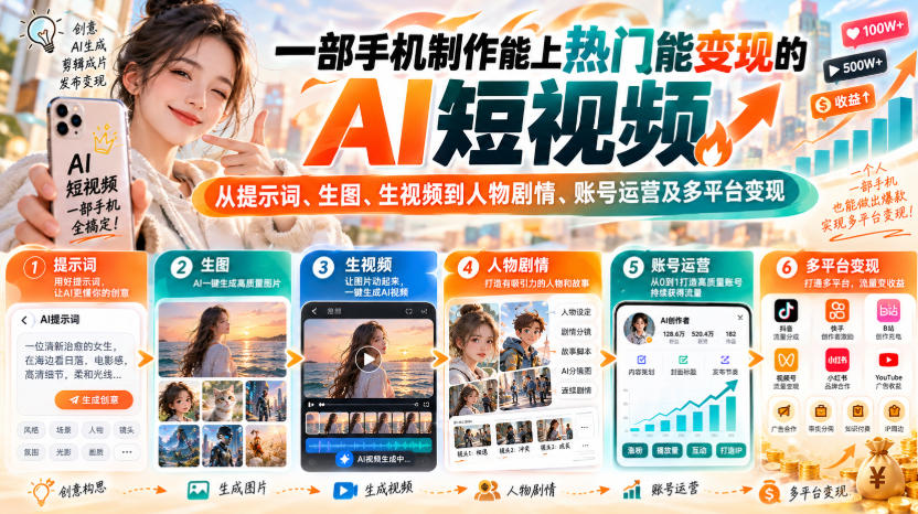 【无水印】一部手机制作能上热门能变现的AI短视频，从提示词、生图、生视频到人物剧情、账号运营及多平台变现(更新)-副业网