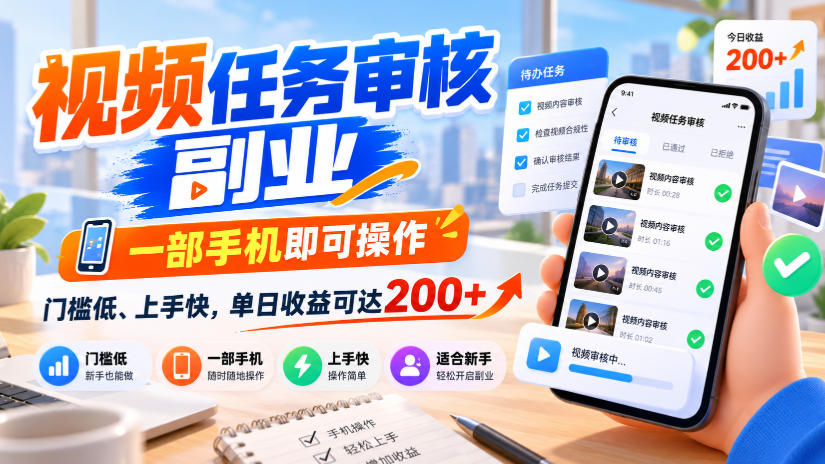 视频任务审核副业,一部手机即可操作,门槛低、上手快,单日收益可达200+【揭秘】-副业网