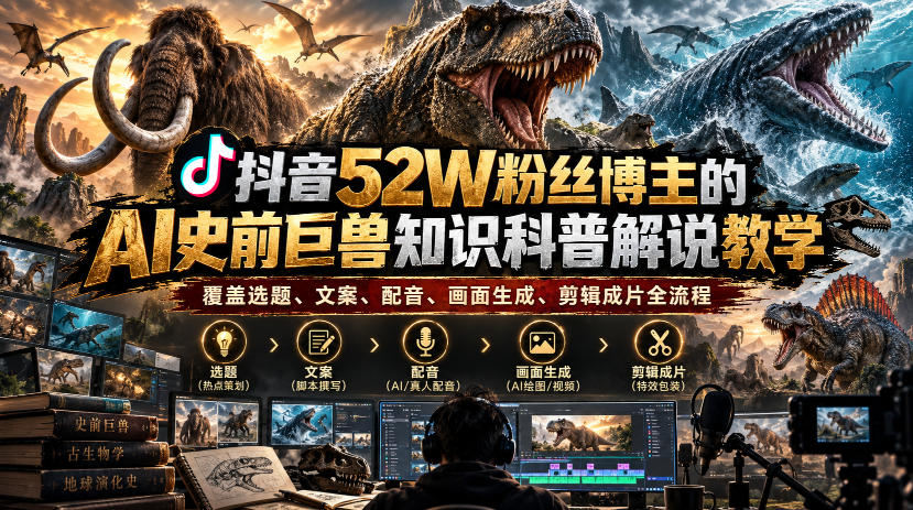 抖音52W粉丝博主的AI史前巨兽知识科普解说教学,覆盖选题、文案、配音、画面生成、剪辑成片全流程-副业网