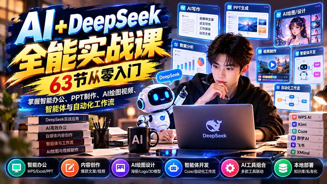 AI+DeepSeek全能实战课：63节从零入门，掌握智能办公、PPT制作、AI绘图视频、智能体与自动化工作流-副业网