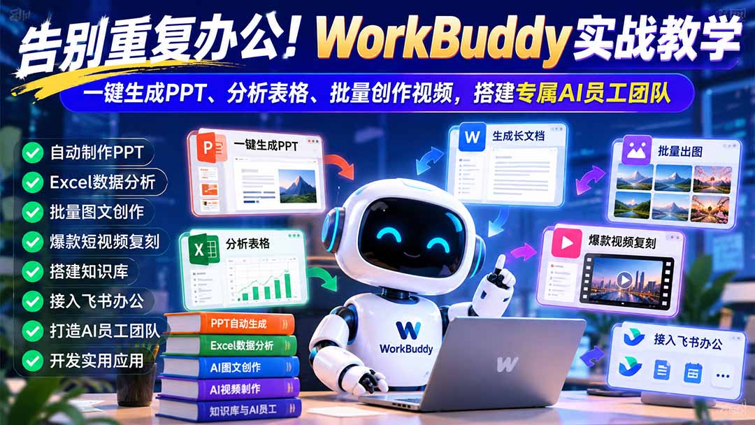 告别重复办公！WorkBuddy实战教学：一键生成PPT、分析表格、批量创作视频，搭建专属AI员工团队-副业网