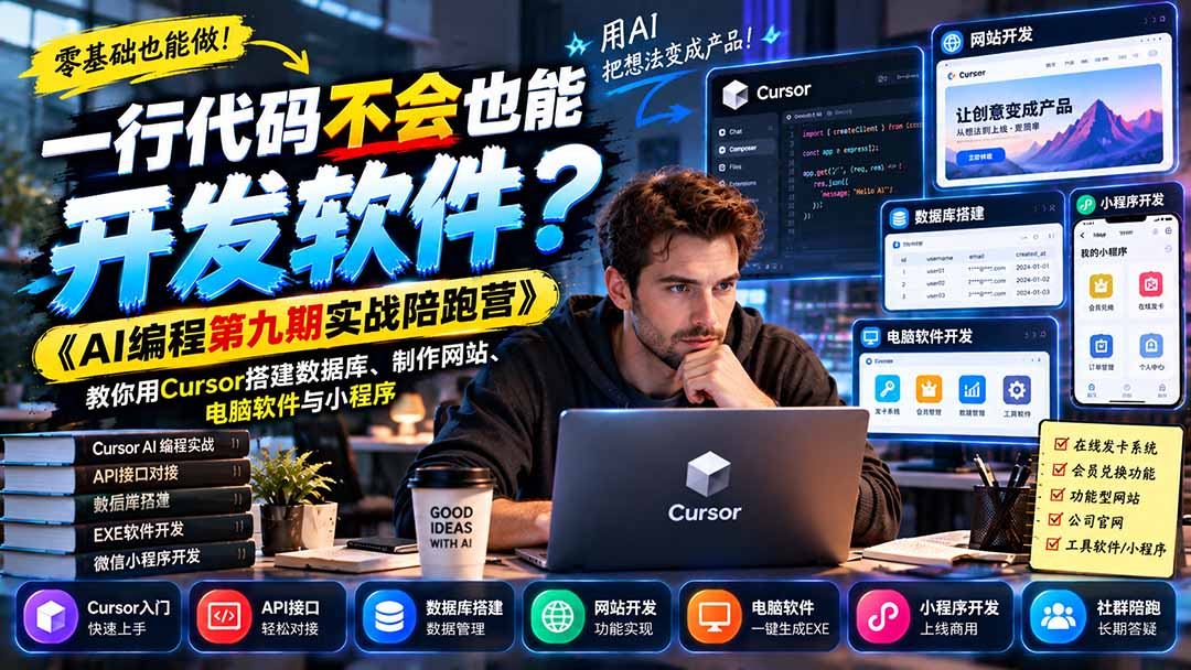 一行代码不会也能开发软件？《AI编程第九期实战陪跑营》教你用Cursor搭建数据库、制作网站、电脑软件与小程序-副业网