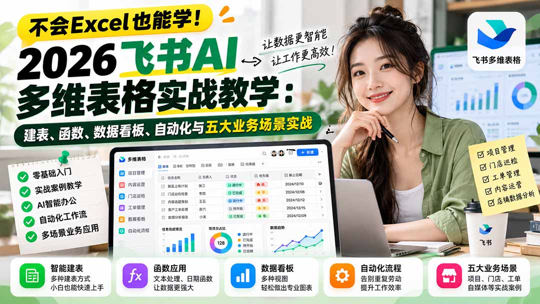 不会Excel也能学！2026飞书AI多维表格实战教学：建表、函数、数据看板、自动化与五大业务场景实战-副业网